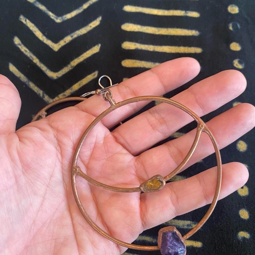 Copper Large Hoops Real Tiger Eyes Real Amethyst Moon Dangle Earrings View 5